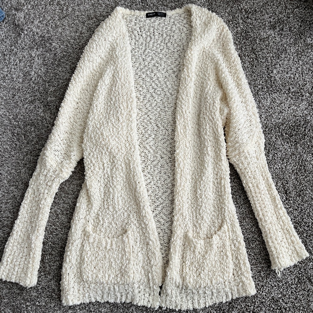 SHEIN Open Front Popcorn Knit Ivory Cardigan